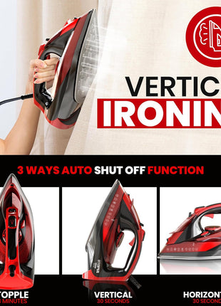 Utopia Home Steam Clothes Iron - 1800W (Black Red) Non-Stick Soleplate | Nonstick Soleplate With Auto-Off Safety Feature - Adjustable Thermostat Control, Variable Steam Control, Self-Clean, 8ft Cord