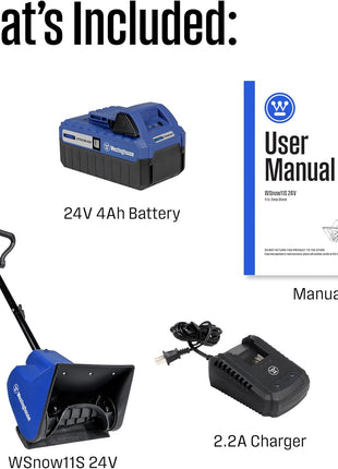 Westinghouse WSnow11S 24V Cordless Snow Shovel 11 Inch Kit, 24V 4Ah Battery, Fast Charger, Electric Snow Shovel with 20ft Throwing Distance, Plows 75lbs/min, Compatible with Snow Joe Batteries