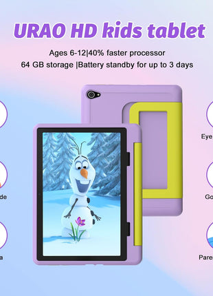 URAO Kids Tablet, Android 15 Tablet for Kids 10 inch Octa-Core with Case, 20GB RAM 64GB ROM 1TB TF Card Expandable for Toddler Children, Parental Control, Dual Camera, WiFi,Gift