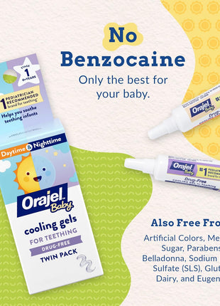 Orajel Baby Daytime & Nighttime Cooling Gels for Teething, Drug - Free, #1 Pediatrician Recommended Brand for Teething*, Two 0.18oz Tubes
