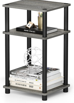 Furinno Just 3 Tier Turn N Tube End Table / Side Table / Night Stand / Bedside Table with Plastic Poles, 1 Pack, French Oak Grey/Black