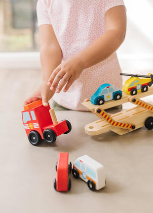 Melissa & Doug Emergency Vehicle Carrier Wooden Truck with 4 Rescue Vehicles