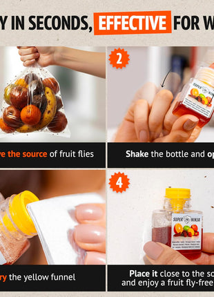 Super Ninja Fruit Fly Traps for Indoors - 4 Pack, Highly Effective Fruit Fly Catcher for Indoor Use for Home & Kitchen, Up to 3 Weeks of Performance per Bottle, Kid & Pet Friendly