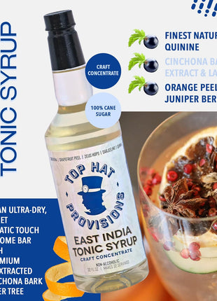 Top Hat East India Craft Concentrated Quinine Tonic Drink Syrup - 5x Natural Quinine Wellness Tonic Water Concentrate - Just Add Club Soda - 32oz bottle