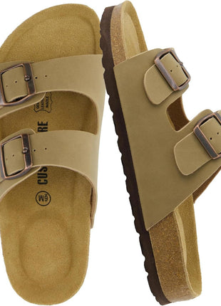 CUSHIONAIRE Lane Cork Footbed Womens Sandals Comfortable Double Buckle Slip On Sandals for Women with Arch Support and Classic Two Strap Design