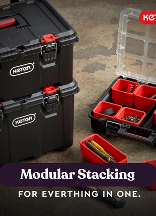 Keter Stack-n-Roll Modular Tools Organizer for Garage Storage and DIY, 3 Piece Resin Rolling Tool Box System for Small Parts, Black