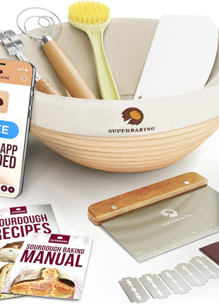 Superbaking Round 9 Inch Banneton Bread Proofing Basket | Sourdough Baking Supplies, Sourdough Starter Kit, Bread Making Tools, Gift Set
