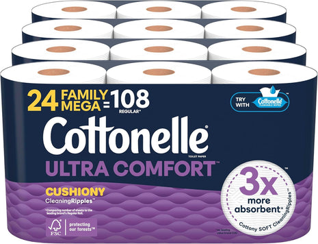 Cottonelle Ultra Soft Toilet Paper, 24 Family Mega Rolls=108 Regular Rolls