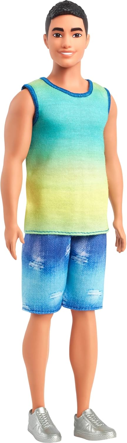 Barbie Fashionistas Ken Doll #236 with Black Hair | Wearing Blue and Green Ombre Tank with Jean Shorts and Silver Sneakers