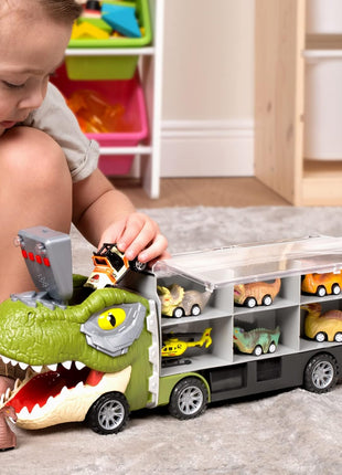 JOYIN 13 in 1 Dinosaur Toys for Kids 3-5, Transport Dinosaur Carrier Truck with 12 Pull Back Cars, Toddler Toys 3-4, Birthday Gifts for 3 4 5+ Year Old Boys