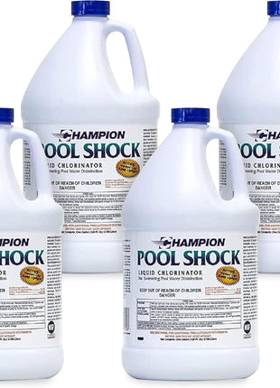 CPDI Champion 4-Pack Pool Shock Liquid Chlorine, 12.5 Sodium Hypochlorite, 1 Gallon – Ready-to-Use Treatment for Clear Water and Algae Control in Above Ground & Inground Swimming Pools