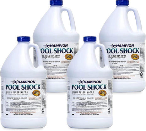 CPDI Champion 4-Pack Pool Shock Liquid Chlorine, 12.5 Sodium Hypochlorite, 1 Gallon – Ready-to-Use Treatment for Clear Water and Algae Control in Above Ground & Inground Swimming Pools