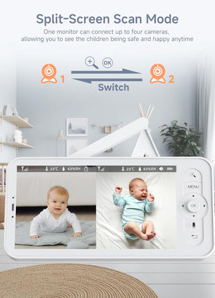 ARENTI Baby Monitor with 2 Cameras, 2K/3MP WiFi 6 Camera and Audio, 5-inch Wireless Screen, Smartphone App, Super Night Vision, Crying Detection, Auto Tracking, Temp&Humidity Sensor (D3 Set)