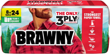 Brawny Tear A Square 3 Ply Paper Towels, 8 Triple Rolls = 24 Regular Rolls, Strong, Absorbent, and Durable with 3 Sheet Sizes (Quarter, Half, Full)