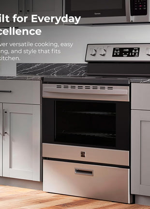 Kenmore 5.2 cu ft. Rear Control Electric Range - Stainless Steel | 4 Cooktop Elements - Steam Clean Oven & Hidden Bake for Easy Cleaning - Ultra-Durable Chrome Racks & Storage Drawer