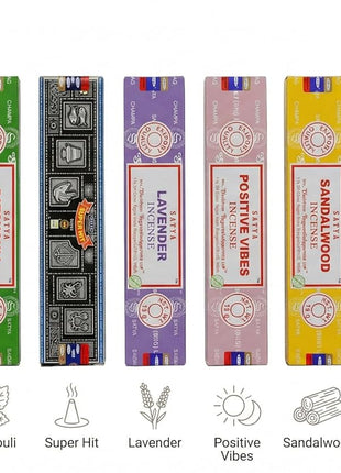 Satya Incense Gift Set Nag Champa, Super hit, Dragon's Blood, Sandalwood, Patchouli, Lavender, Positive Vibes, 15 g