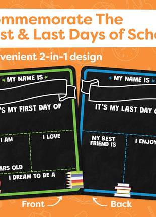 First Day of School Sign Board with Liquid Chalk Markers - 14 inchx11 inch Double-Sided & Reusable - My First and Last Day - Back to School Supplies Board for Kindergarten, Preschool