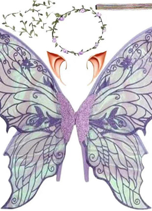 Fairy Wings for Adults, Fairy Costume Set with Floral Garland, Fairy Hair Tinsel, Wand & Elf Ears – 31.5"x21.6" Organza Butterfly Wings – Ideal for Cosplay, Party, Black