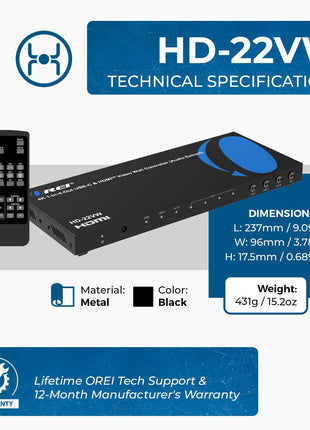 OREI 4K 2x2 Video Wall Controller with HDMI and USB-C inputs, 4K@60Hz Resolution | 180° Rotation, RS-232, and Audio Extraction