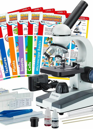 AmScope M150 Series Portable LED Monocular Student Compound Microscope - 40X-1000X Magnification - Microscope Kit Includes Dust Cover, 2 Clips & 2 Eyepieces