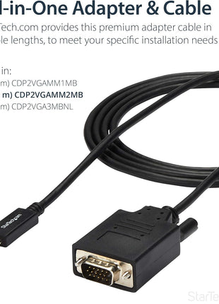 StarTech.com 6ft/2m USB C to VGA Cable - 1920x1200/1080p USB Type C to VGA Video Active Adapter Cable - Thunderbolt 3 Compatible - Laptop to VGA Monitor/Projector - DP Alt Mode HBR2 (CDP2VGAMM2MB)