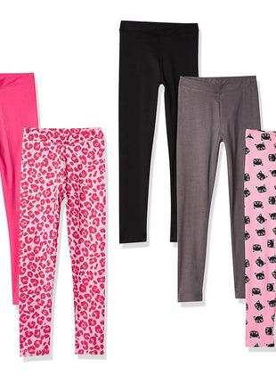 Amazon Essentials Girls' Leggings, Pack of 5, Aqua Green/Black Stars/Navy/Pink/Stripe, Medium
