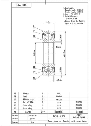 PGN (10 Pack) 608-2RS Bearing - Lubricated Chrome Steel Sealed Ball Bearing - 8x22x7mm Bearings with Rubber Seal & High RPM Support