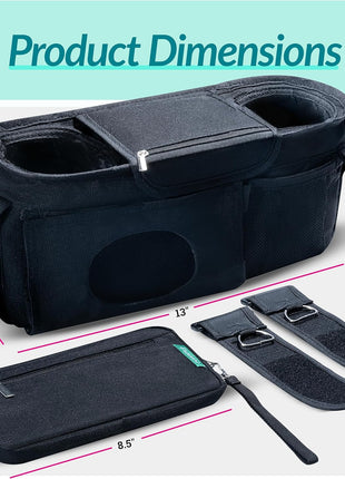 Stroller Caddy Organizer, Cup Holder, Wipes Pocket, Non-Slip, Black