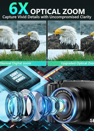 5K Digital Camera, 64MP Cameras for Photography with 6X Optical Zoom & Autofocus, WiFi Vlogging Camera for YouTube Video, Dual-Lens, 2 Batteries, 64GB Card & Flash, Best Cameras for Content Creators