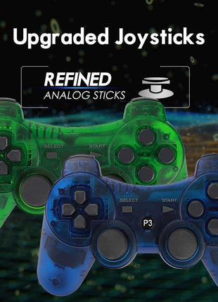 Wireless Controller for PS-3 Motion Sense Double Vibration Upgraded Gaming Remote for Play 3 with Charging Cord (Transparent Green and Transparent Blue)