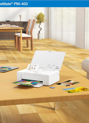 Epson PictureMate PM-400 Wireless Compact Color Photo Printer, white | Compact wireless photo printing; borderless 4 x 6 and 5 x 7 in., mobile support; ideal for home and travel