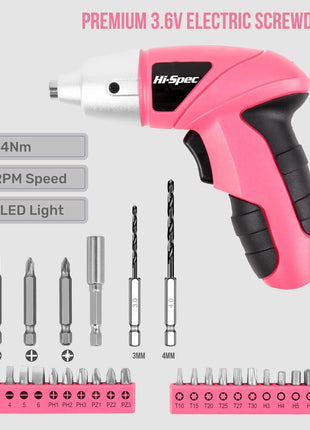 Hi-Spec Small Electric Screwdriver, Mini Drill Set, Rechargeable 3.6V Cordless Screwdriver with 26 Driver Bits, Power Tool for Small Projects & Home Use, Pink