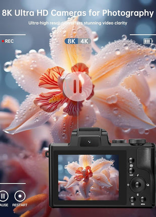 8K Digital Cameras for Photography - Autofocus 88MP WiFi Vlogging Camera for YouTube with Dual-Lens - 16X Digital Zoom Vlog Camera with Lens Hood, Flash, Touch Screen, 2 Batteries, 32GB TF Card