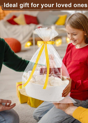 OIAHOMY Gift Basket with Handle, Small Woven Basket with Gift Bag, Ribbon and Wrap Tissue Paper, Nursery Bins Empty to Fill with Small Items, Baby, Pet Toy Organizer - White