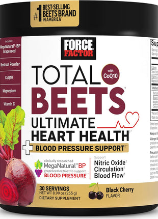 Force Factor Total Beets Ultimate Heart Health for Blood Pressure Support | CoQ10, Beet Root Powder, Grape Seed Extract, Blood Pressure Supplement for Circulation, Black Cherry Drink Mix, 30 Servings