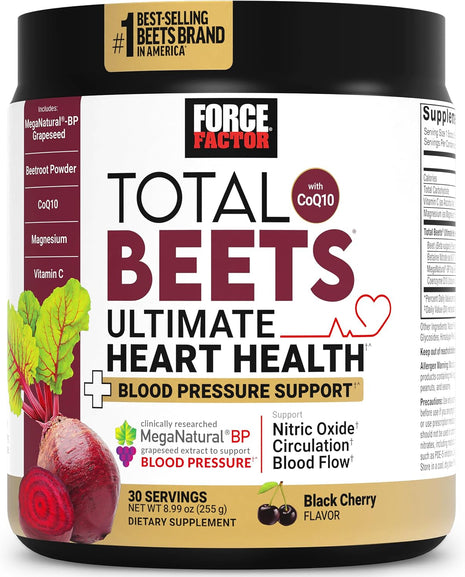 Force Factor Total Beets Ultimate Heart Health for Blood Pressure Support | CoQ10, Beet Root Powder, Grape Seed Extract, Blood Pressure Supplement for Circulation, Black Cherry Drink Mix, 30 Servings
