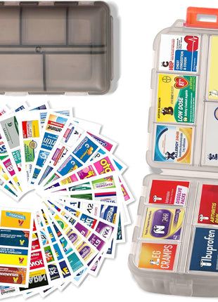 Pill Organizer with Medicine Labels Travel Daily Pill Container Mini Medication Organizer Storage Pill Organizer Travel Essentials Pill Case 7 Day (Pink & 161 Lables)