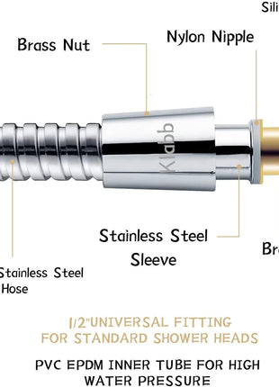 Klabb 59 Inch/150cm Stainless Steel Handheld Shower Hose, Flexible and Durable Replacement Hose with Brass Insert and Nut