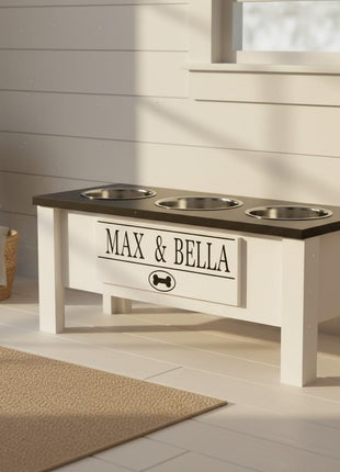 3 Bowl Dog Feeding Station, Personalized Triple Bowl Food Stand Large Dogs | Farmhouse Style, Elevated Wood Stand, Storage Container, Stainless Steel Bowls, Raised Feeder, Large Breed, Made in USA