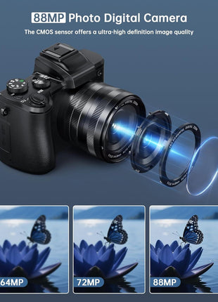 8K Digital Cameras for Photography - Autofocus 88MP WiFi Vlogging Camera for YouTube with Dual-Lens - 16X Digital Zoom Vlog Camera with Lens Hood, Flash, Touch Screen, 2 Batteries, 32GB TF Card