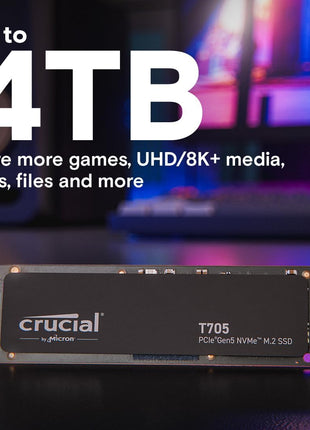 Crucial T705 PCIe Gen5 NVMe 4TB SSD, Up to 14,100MB/s, TLC NAND, Intel & Ryzen Compatible, for Hardcore Gaming & High-Speed Storage, Solid State Drive, Includes 1Mo Adobe CC – CT4000T705SSD3