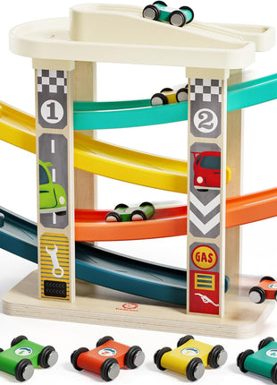TOP BRIGHT Wooden Car Ramp Track with Cars, Montessori Toy for Toddlers 1-3 | Wooden Race Track Set Includes Cars & Garage, Montessori Learning Toy for Ages 18+ Months, Suitable for Boys & Girls