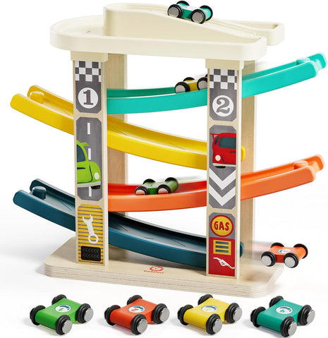 TOP BRIGHT Wooden Car Ramp Track with Cars, Montessori Toy for Toddlers 1-3 | Wooden Race Track Set Includes Cars & Garage, Montessori Learning Toy for Ages 18+ Months, Suitable for Boys & Girls