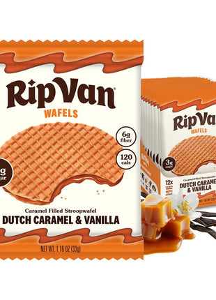 Rip Van Wafels Dutch Caramel & Vanilla Stroopwafels, Healthy Snacks, Non-GMO, Low Calorie, Low Sugar (3g), Office Snacks, Keto Friendly, 12 Count