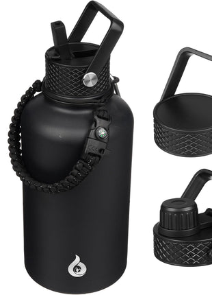 BJPKPK Half Gallon Insulated Water Bottles with Straw Lid, 64oz Large Water Jug, Stainless Steel Bottles with 3 Lids and Paracord Handle, Thermo for Hot & Cold Liquid, Black