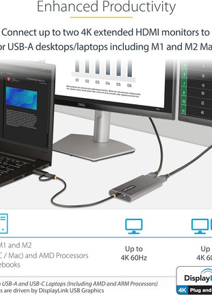 StarTech.com USB-C to Dual-HDMI Adapter, USB-C/A to 2X HDMI Converter, 4K 60Hz, 100W PD Pass-Through, Win/Mac, TAA
