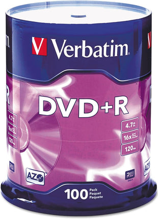 Verbatim DVD+R Blank Discs AZO Dye 4.7GB 16X Recordable Disc - 100 Discs Spindle,Silver