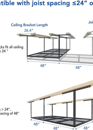 FLEXIMOUNTS 4x8 Overhead Garage Storage Rack, Adjustable Organization System, Heavy-Duty Metal Ceiling Racks, 750lbs Weight Capacity, Black, Classic Series