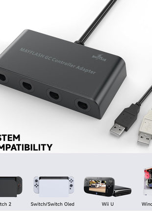 MAYFLASH Gamecube Controller Adapter for Wii U, PC Windows and Switch/Switch 2, 4 Ports