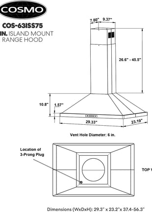 30 in. Lumin Coll 380 CFM Ducted Island Range Hood, LED, Stainless Steel | Cosmo COS-63ISS75 Soft Touch Controls, 3 Fan Speeds, Permanent Dishwasher-Safe Baffle Filters, Timer and Clock